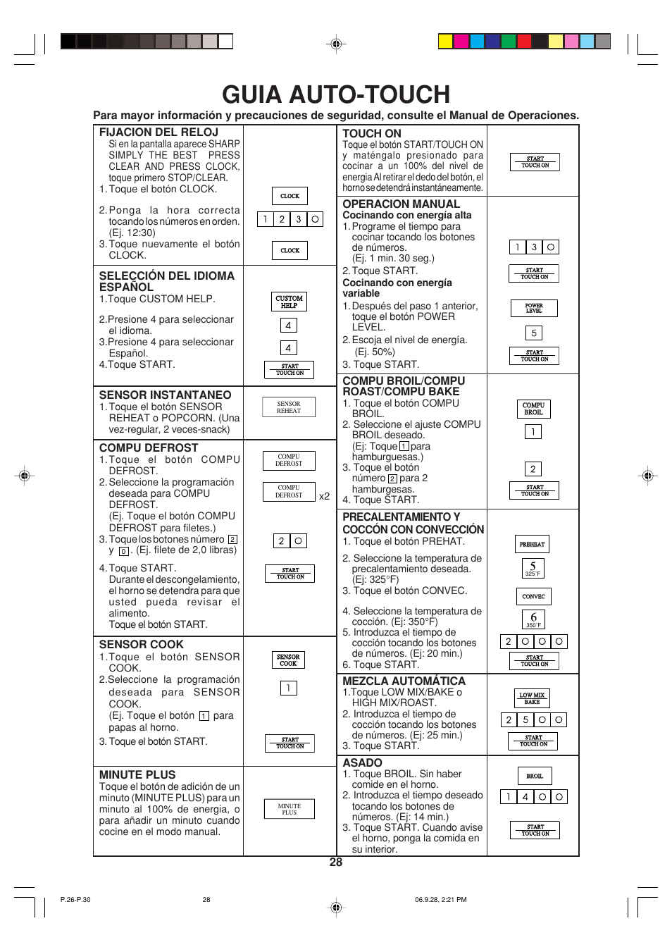 Guia auto-touch, Touch on, Operacion manual | Compu broil/compu roast/compu bake, Precalentamiento y coccón con convección, Mezcla automática, Asado, Fijacion del reloj, Selección del idioma español, Sensor instantaneo | Sharp R-930AK User Manual | Page 30 / 32