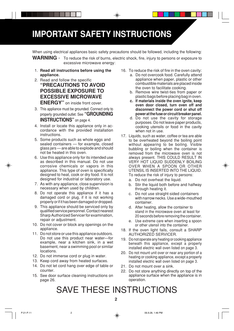 Important safety instructions, Save these instructions, Grounding instructions | Warning | Sharp R-930AK User Manual | Page 4 / 32