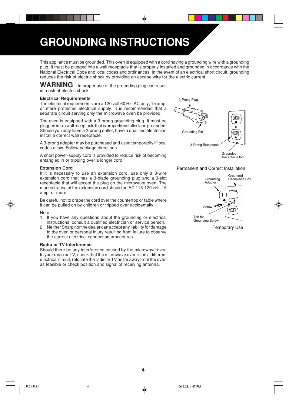 Grounding instructions, Warning | Sharp R-930AK User Manual | Page 6 / 32