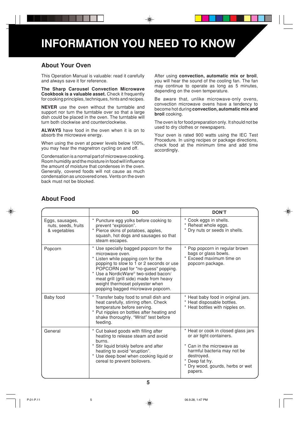 Information you need to know, About food about your oven | Sharp R-930AK User Manual | Page 7 / 32