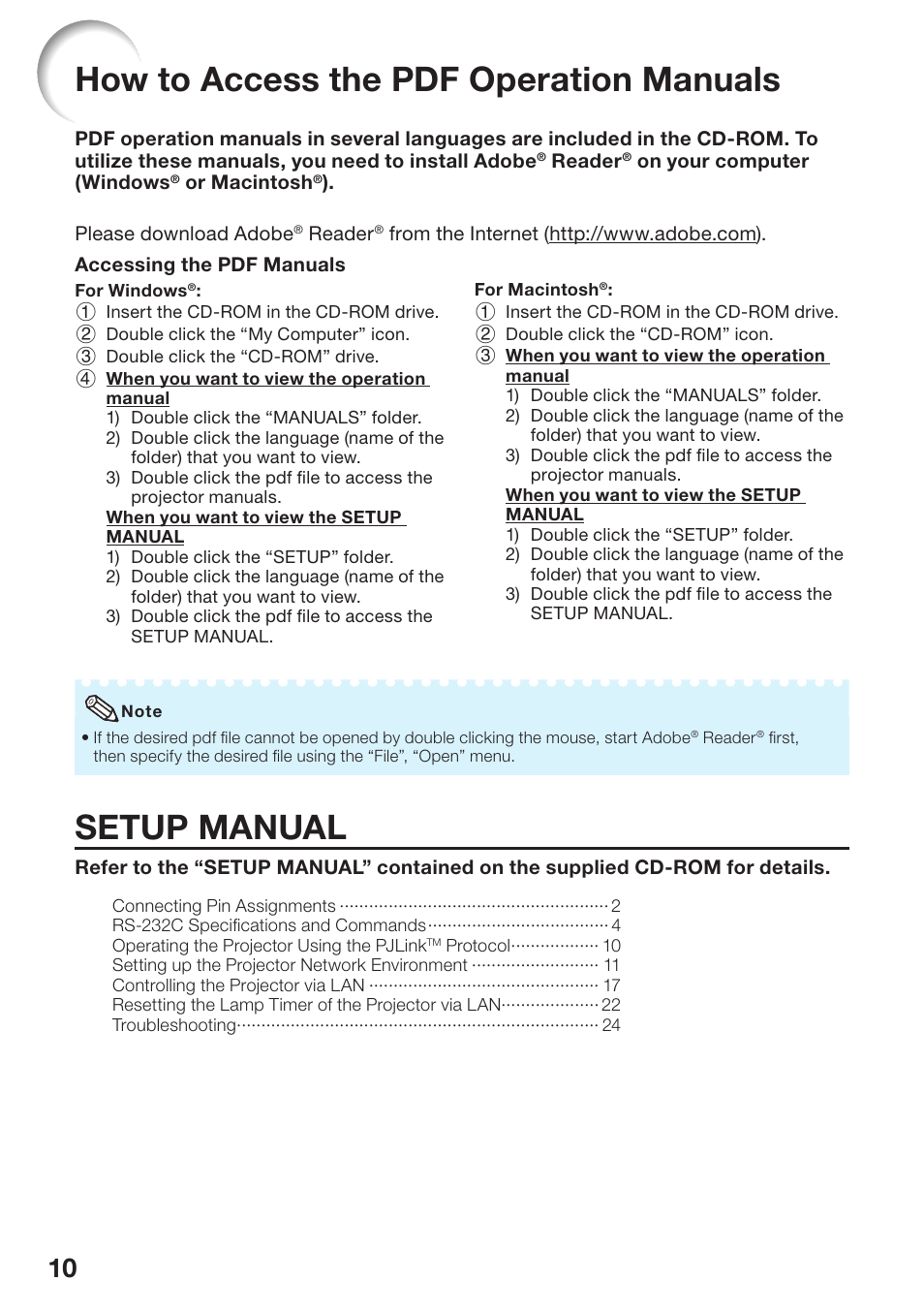 How to access the pdf operation manuals, How to access the pdf operation, Manuals | Setup manual | Sharp PG-D2870W User Manual | Page 14 / 75