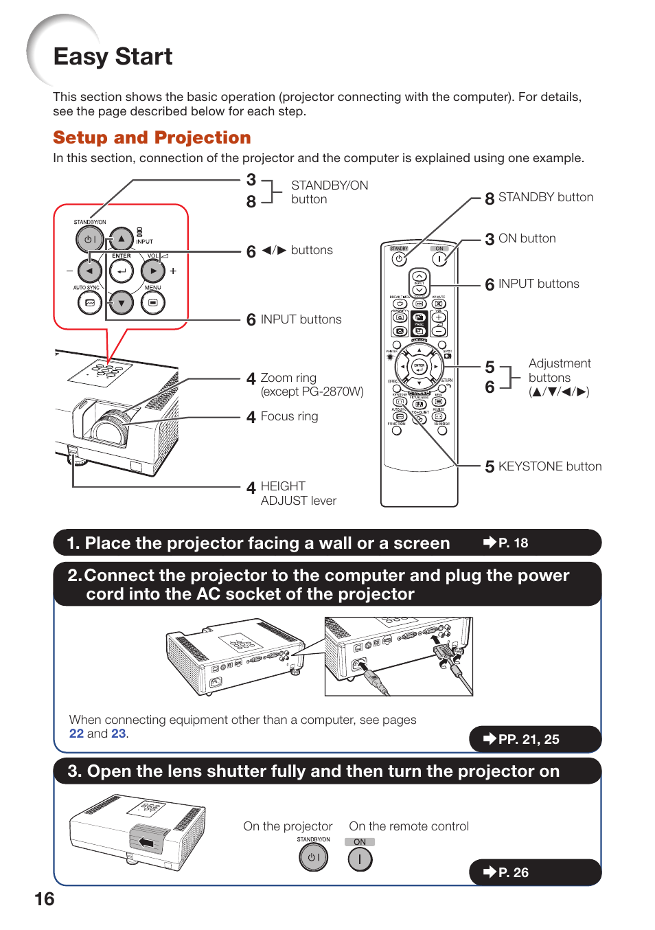 Easy start, Setup and projection | Sharp PG-D2870W User Manual | Page 20 / 75