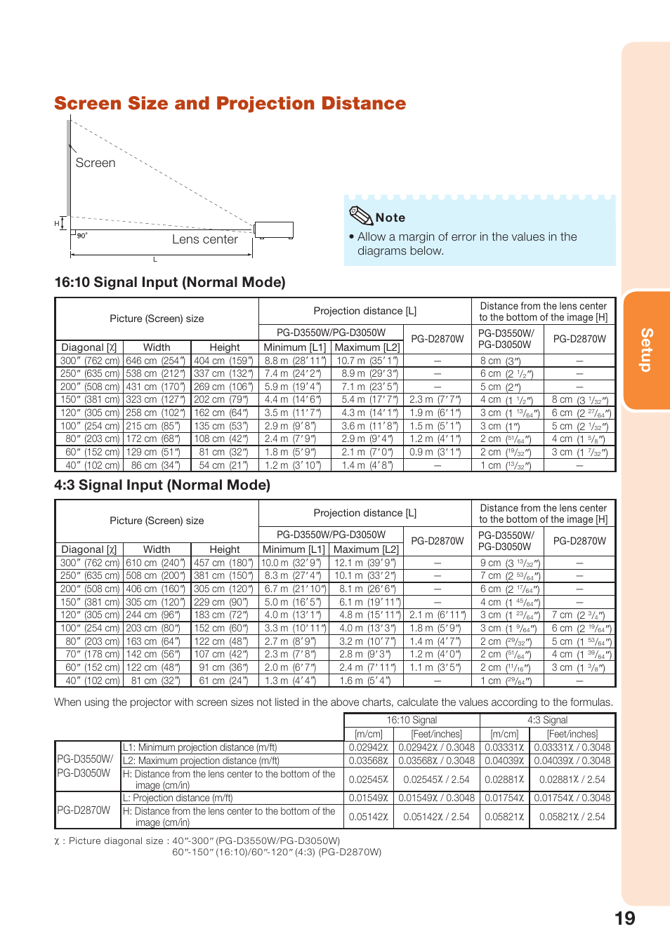 Screen size and projection distance, Setup, 10 signal input (normal mode) | 3 signal input (normal mode), Screen lens center | Sharp PG-D2870W User Manual | Page 23 / 75