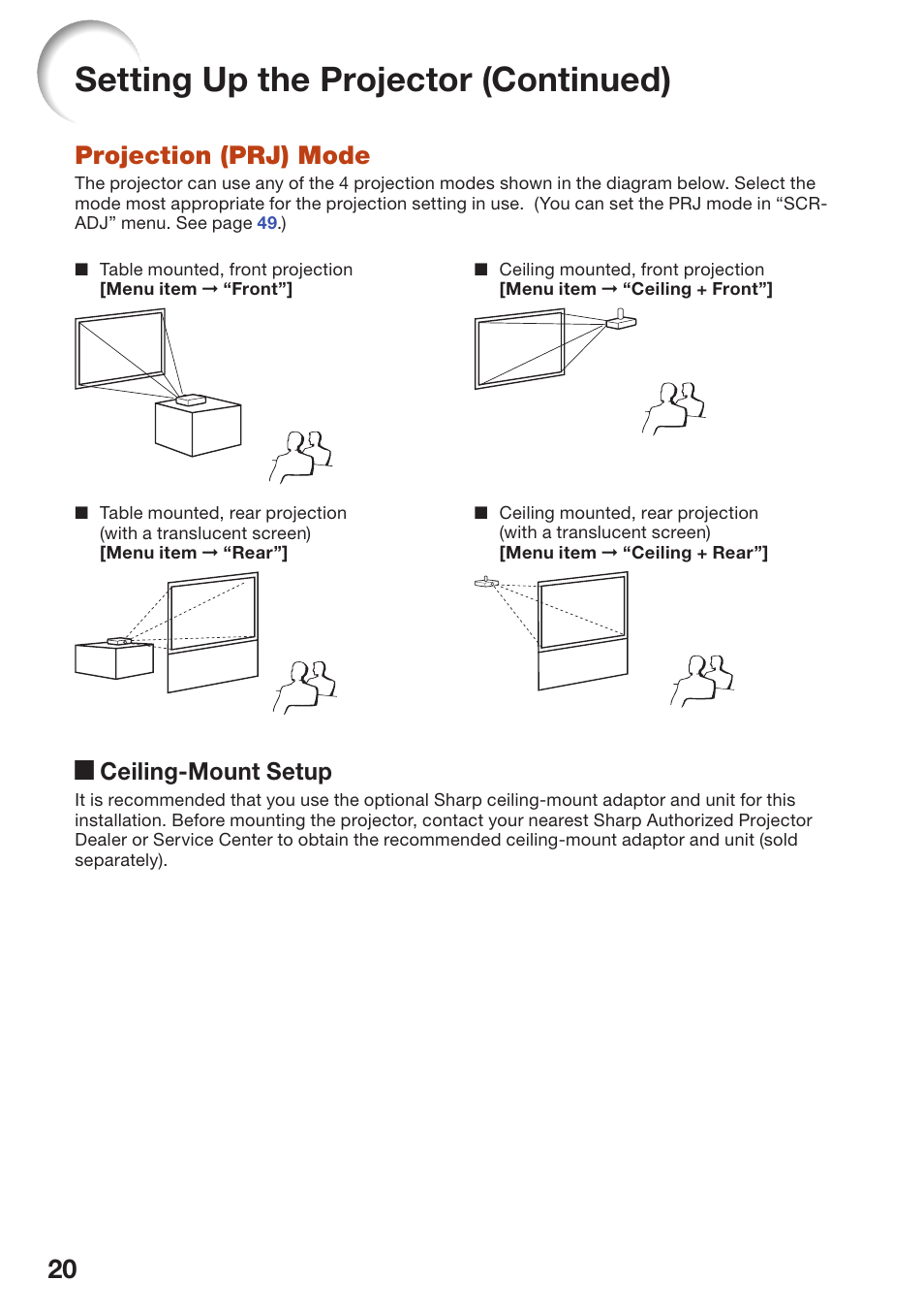 Projection (prj) mode, Ceiling-mount setup, Projection (prj) mode ceiling-mount setup | Setting up the projector (continued), A ceiling-mount setup | Sharp PG-D2870W User Manual | Page 24 / 75