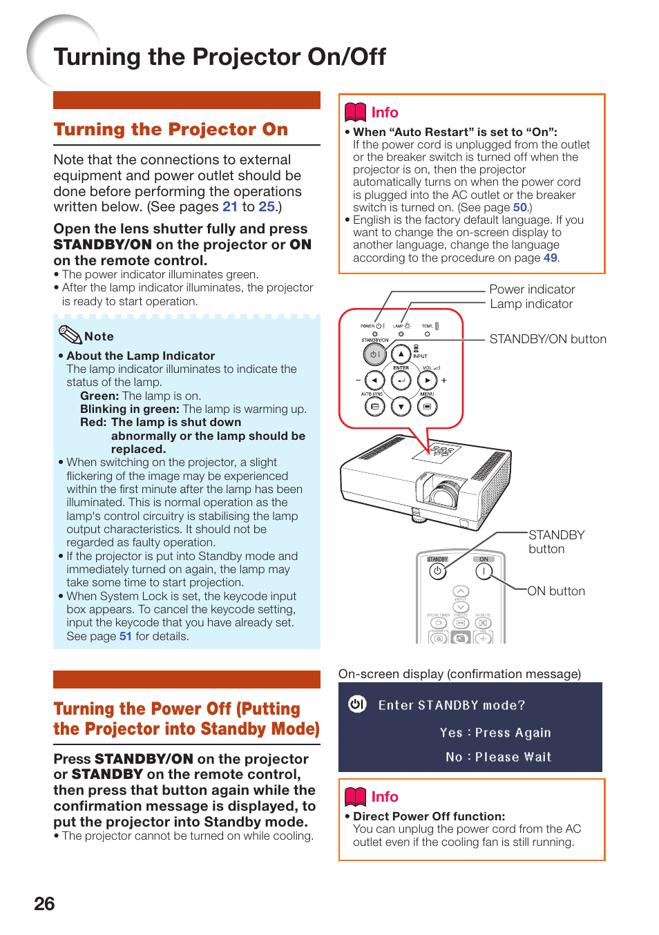 Basic operation, Turning the projector on/off, Turning the projector on | Basic, Operation, Projector into standby mode) | Sharp PG-D2870W User Manual | Page 30 / 75