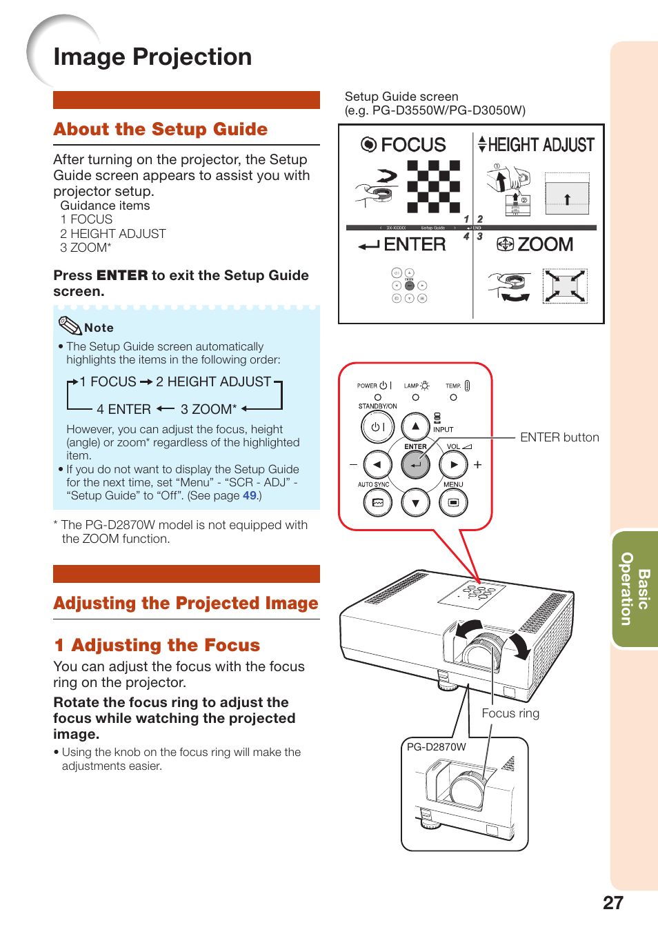 Image projection, About the setup guide, Adjusting the projected image | Sharp PG-D2870W User Manual | Page 31 / 75