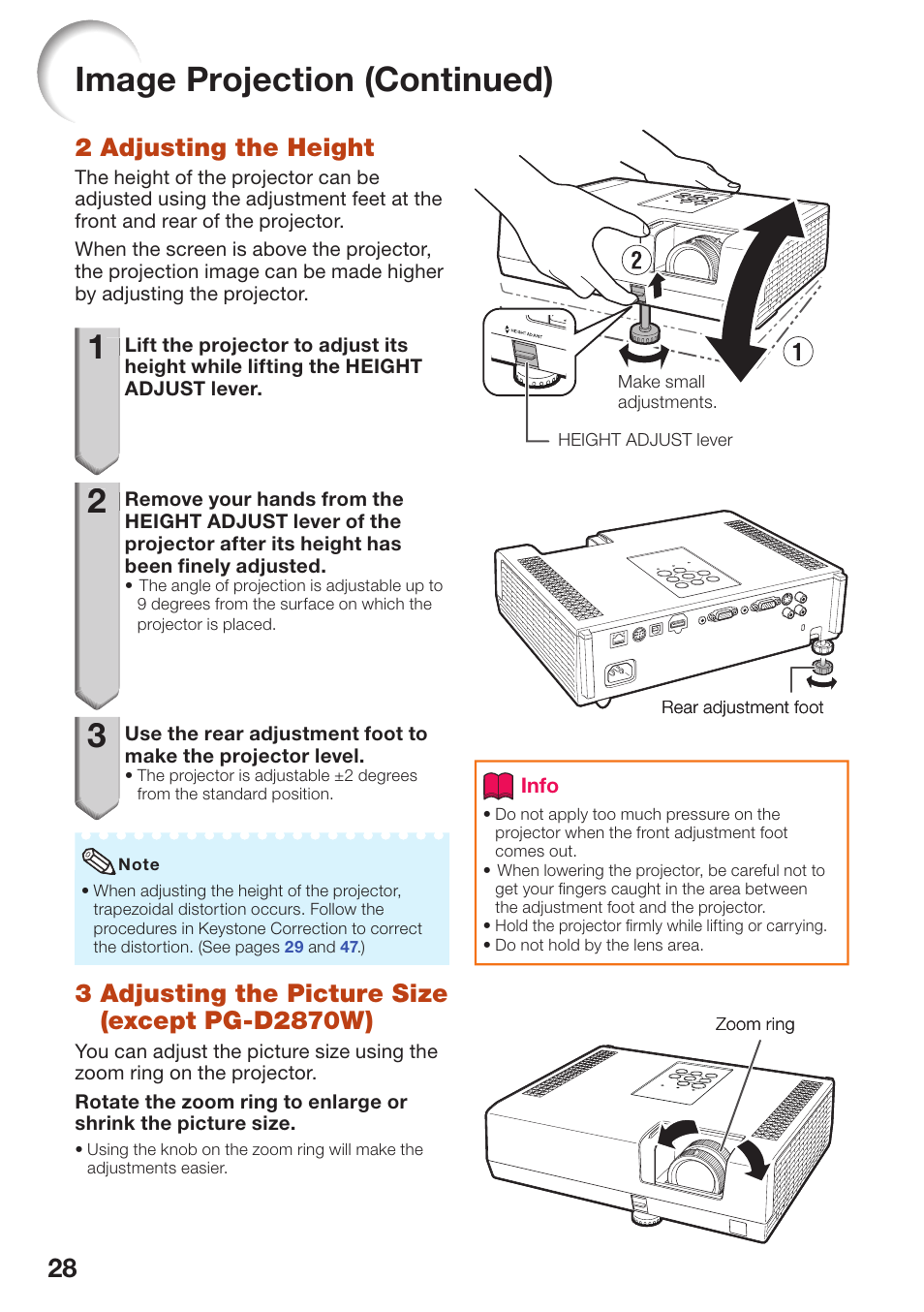 Image projection (continued), 2 adjusting the height | Sharp PG-D2870W User Manual | Page 32 / 75