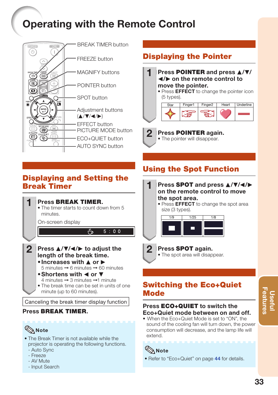 Useful features, Operating with the remote control, Displaying and setting the break timer | Displaying the pointer, Using the spot function, Switching the eco+quiet mode, Useful, Featur, Displaying and setting the, Break timer | Sharp PG-D2870W User Manual | Page 37 / 75