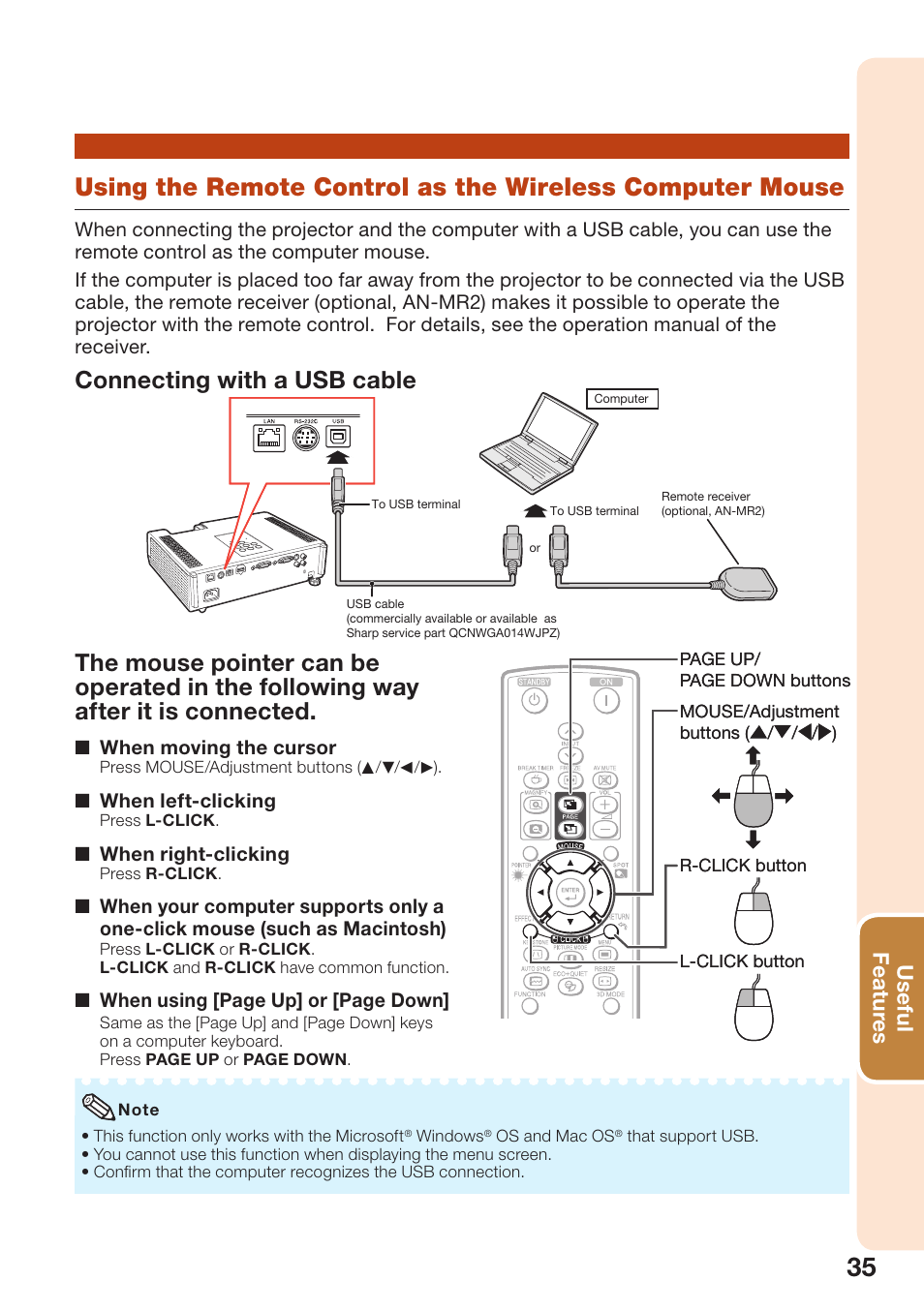 Using the remote control as the, Wireless computer mouse, Connecting with a usb cable | Useful featur es | Sharp PG-D2870W User Manual | Page 39 / 75