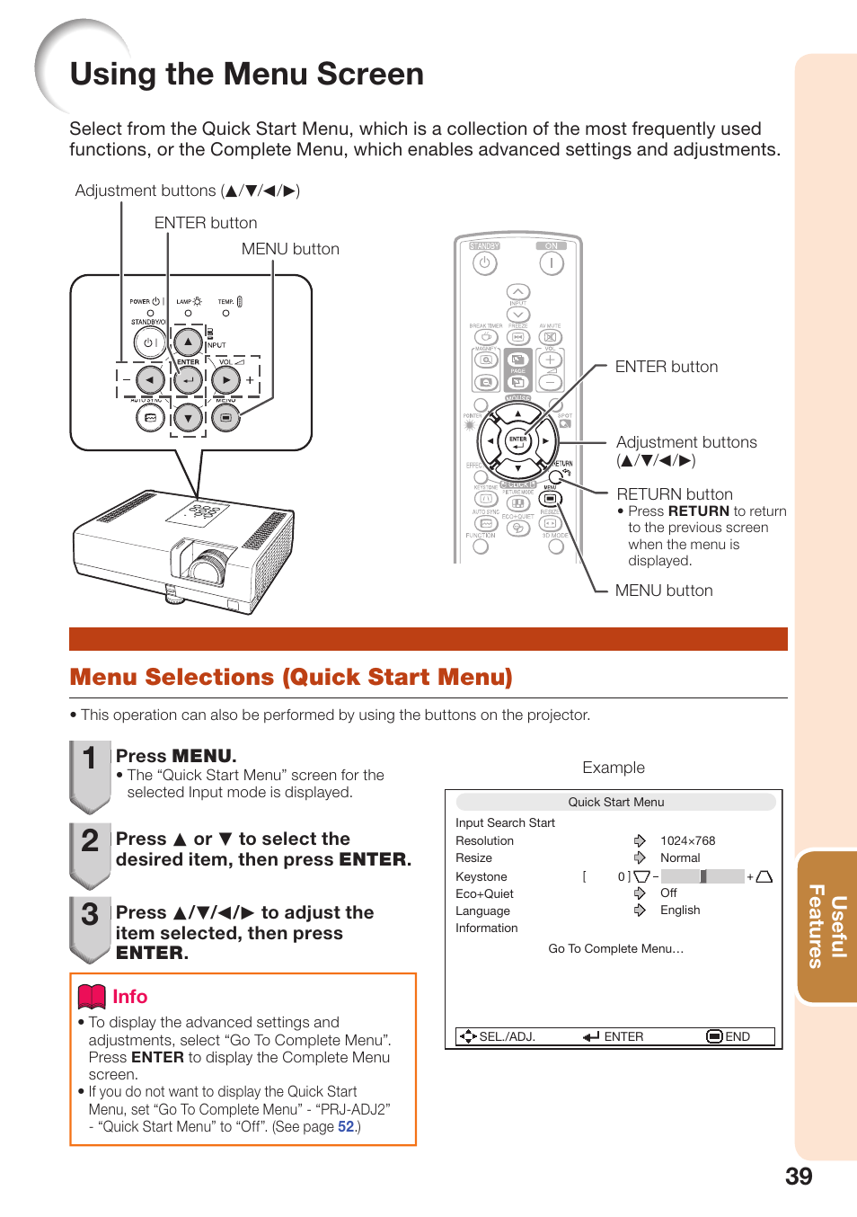 Using the menu screen, Menu selections (quick start menu) | Sharp PG-D2870W User Manual | Page 43 / 75