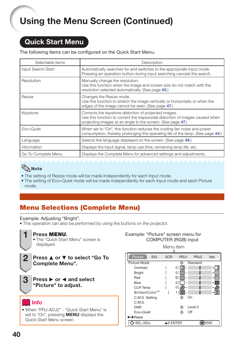 Quick start menu, Menu selections (complete menu), Quick start menu menu selections (complete menu) | Using the menu screen (continued), Info | Sharp PG-D2870W User Manual | Page 44 / 75