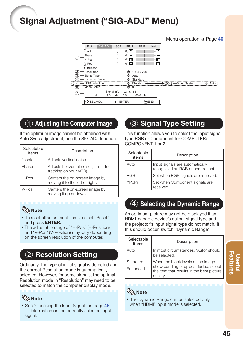 Signal adjustment (“sig-adj” menu), Adjusting the computer image, Resolution setting | Signal type setting, Selecting the dynamic range, 1 adjusting the computer image, 2 resolution setting, 3 signal type setting, 4 selecting the dynamic range, Useful featur es | Sharp PG-D2870W User Manual | Page 49 / 75