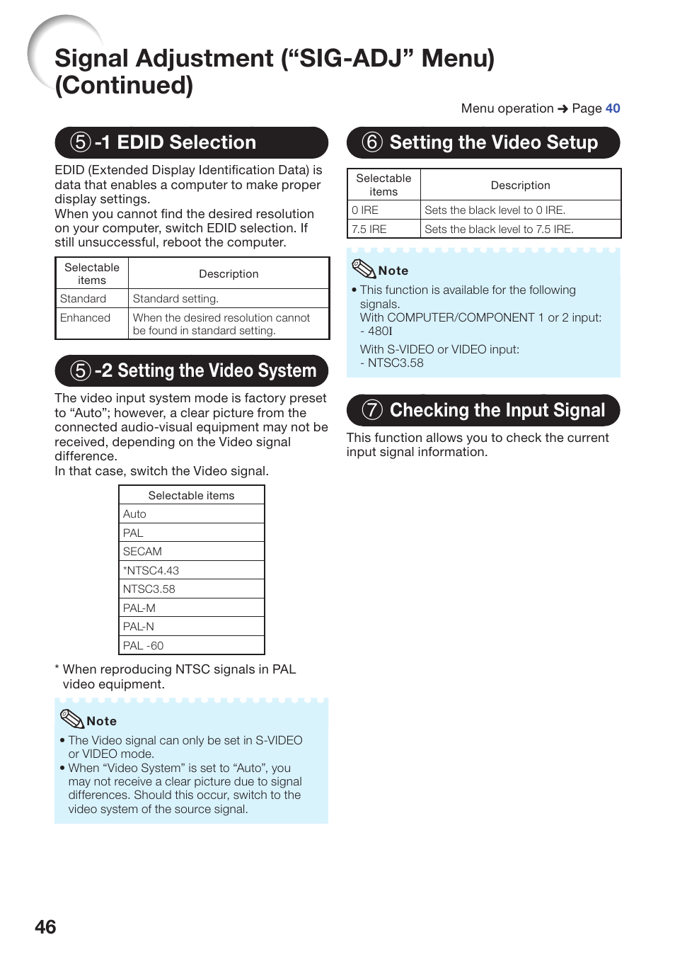 Edid selection, Setting the video system, Setting the video setup | Checking the input signal, Signal adjustment (“sig-adj” menu) (continued), 46 5-1 edid selection, 2 setting the video system, 6 setting the video setup, 7 checking the input signal | Sharp PG-D2870W User Manual | Page 50 / 75