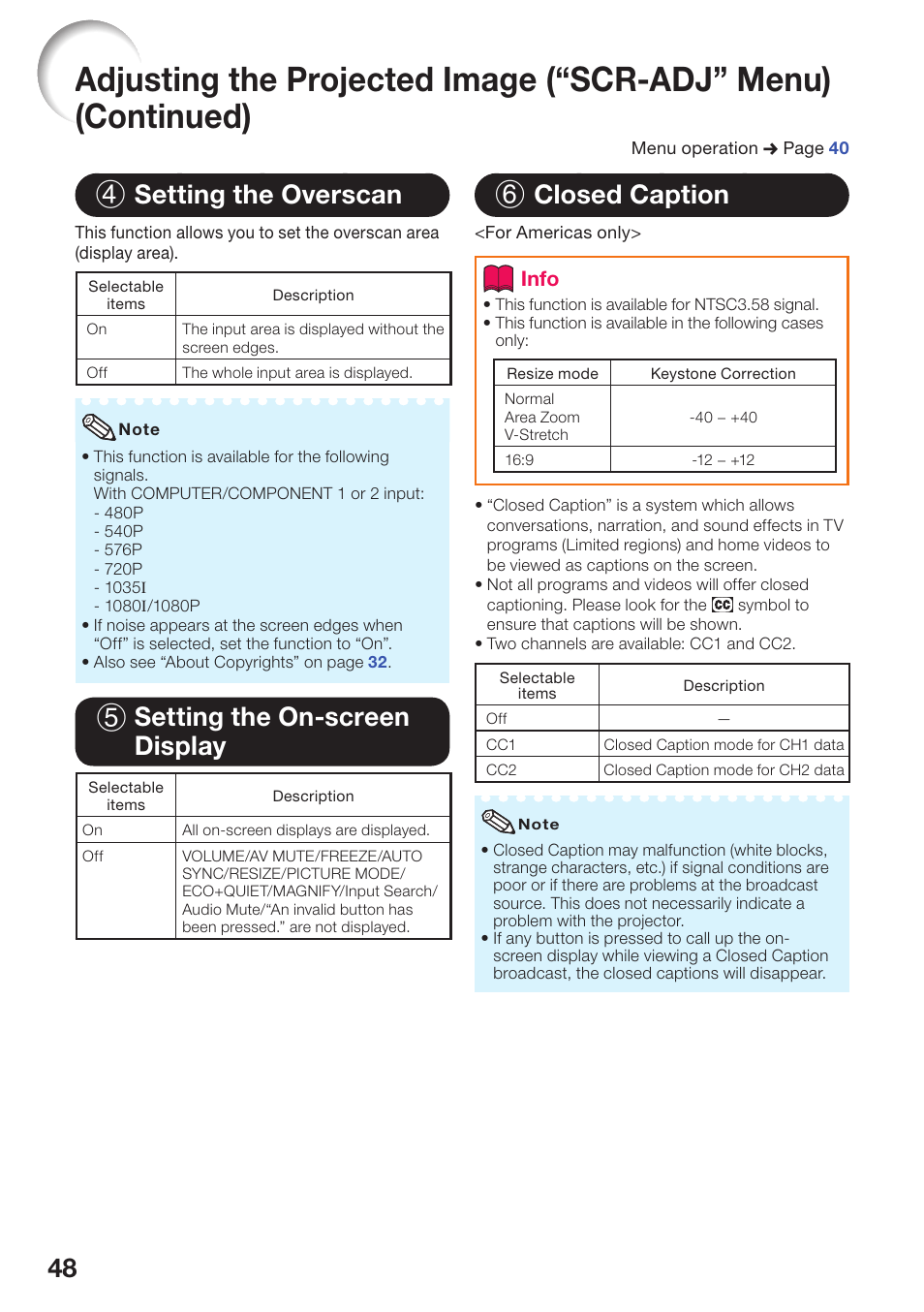 Setting the overscan, Setting the on-screen display, Closed caption | 48 4 setting the overscan, 5 setting the on-screen display, 6 closed caption, Info | Sharp PG-D2870W User Manual | Page 52 / 75