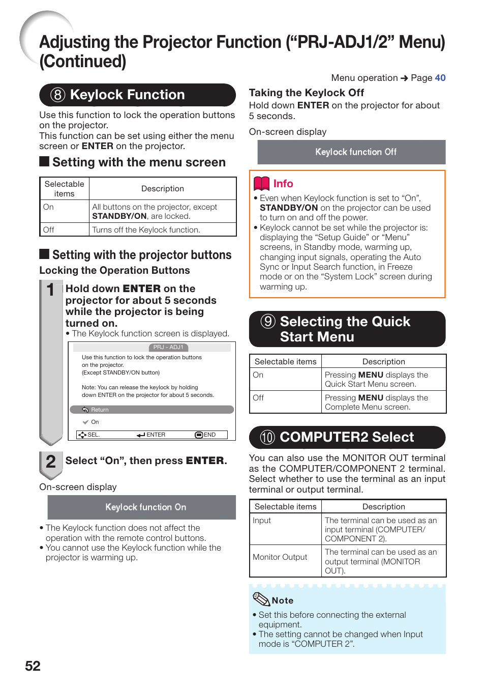 Keylock function, Selecting the quick start menu, Computer2 select | 52 8 keylock function, 9 selecting the quick start menu, 0 computer2 select, A setting with the menu screen, A setting with the projector buttons | Sharp PG-D2870W User Manual | Page 56 / 75