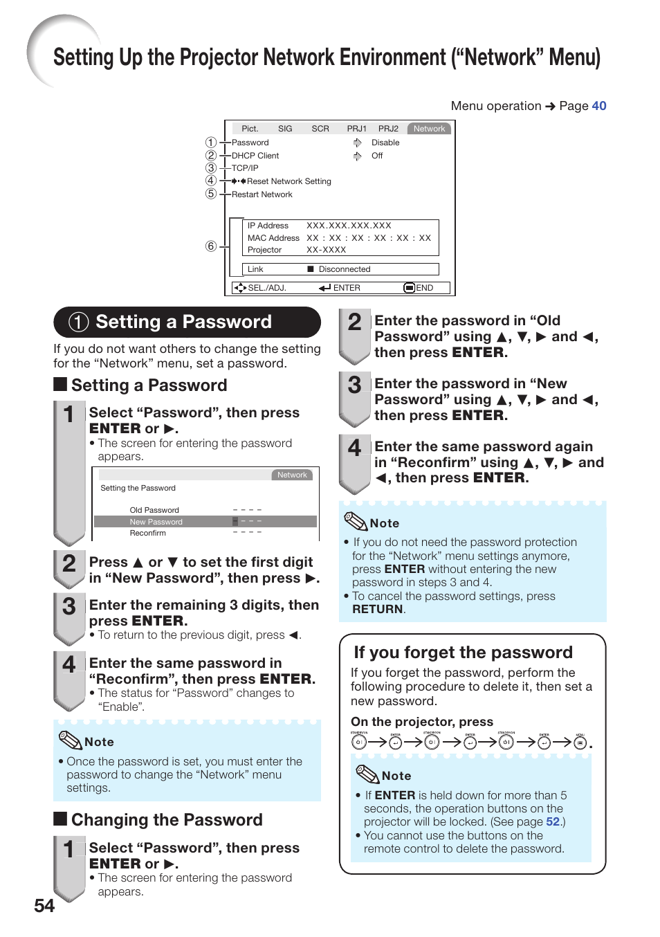 Setting a password, Setting up the projector network, Environment (“network” menu) | 1 setting a password, A setting a password, A changing the password, If you forget the password | Sharp PG-D2870W User Manual | Page 58 / 75
