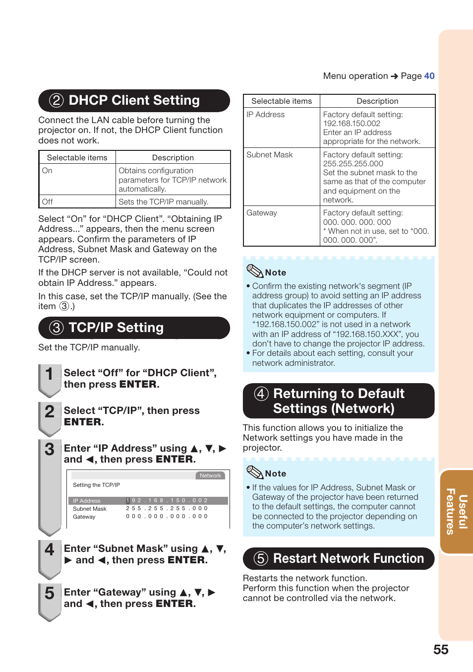 Dhcp client setting, Tcp/ip setting, Returning to default settings (network) | Restart network function, 2 dhcp client setting, 3 tcp/ip setting, 4 returning to default settings (network), 5 restart network function, Useful featur es | Sharp PG-D2870W User Manual | Page 59 / 75