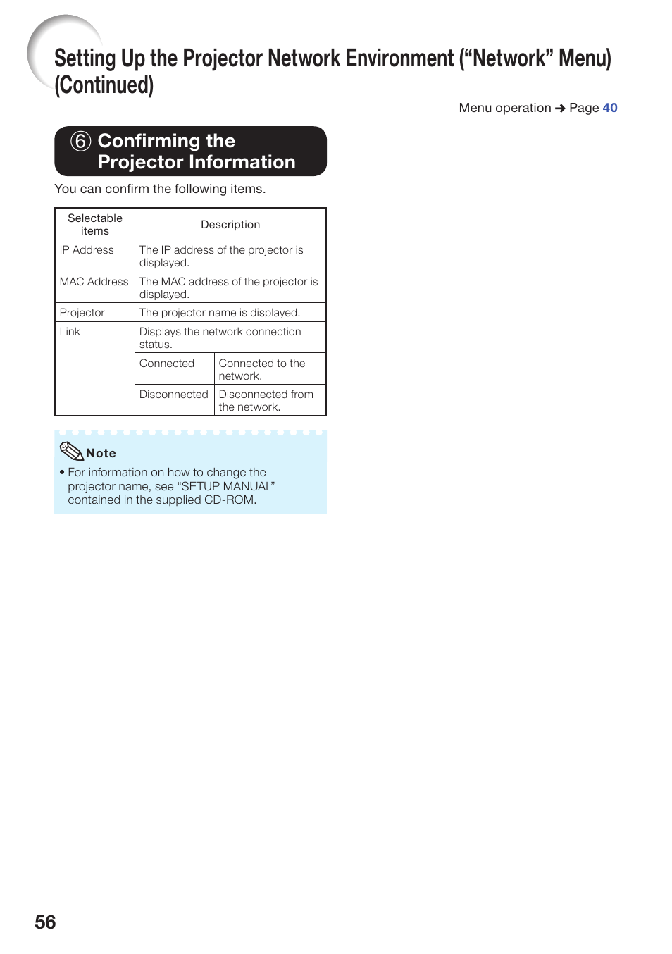 Confirming the projector information, Conﬁ rming the projector information, 56 6 conﬁ rming the projector information | Sharp PG-D2870W User Manual | Page 60 / 75