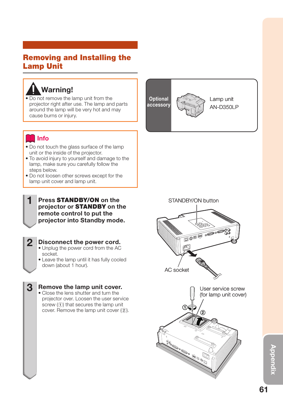 Removing and installing the lamp unit, Removing and installing the, Lamp unit | Sharp PG-D2870W User Manual | Page 65 / 75