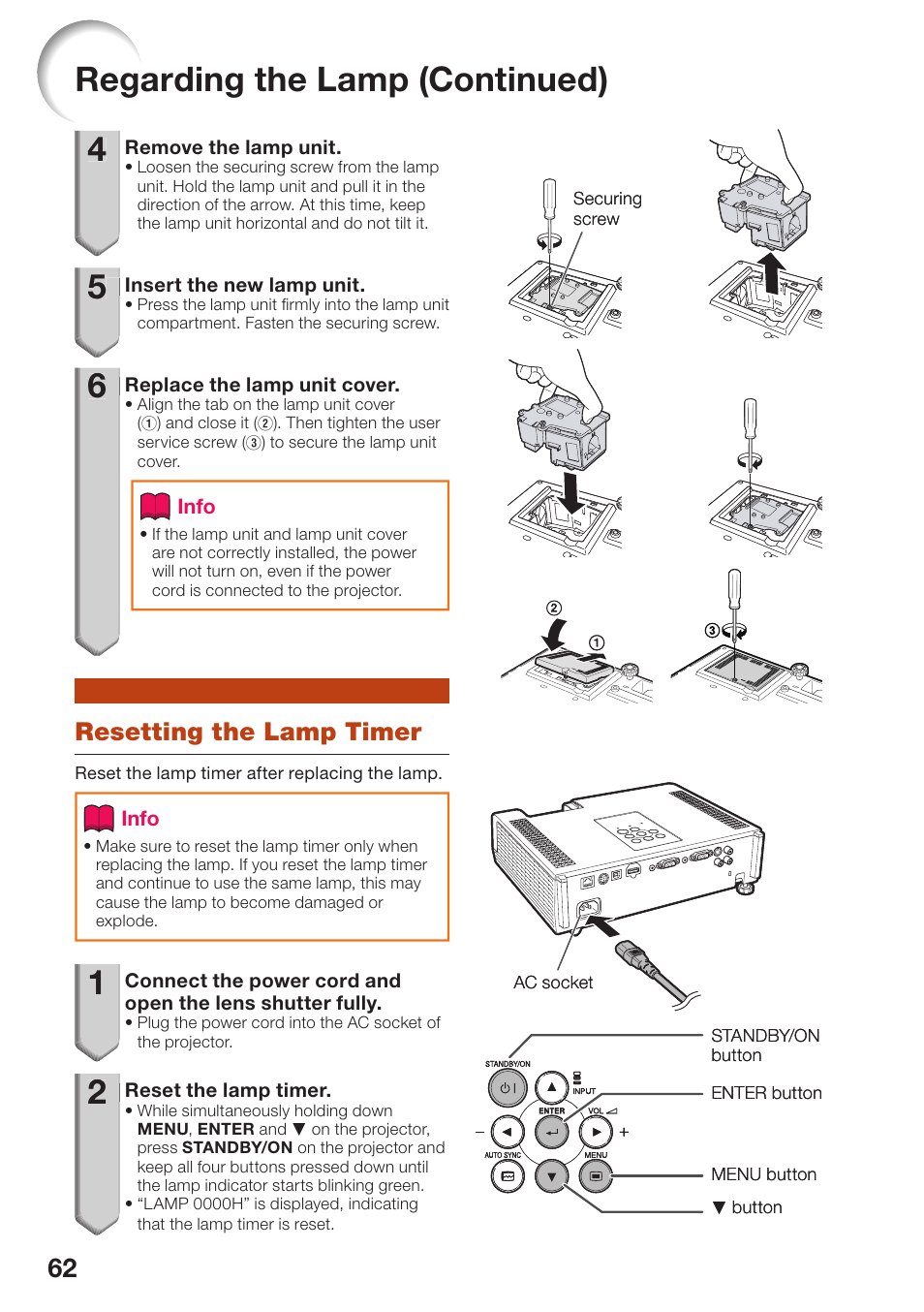 Resetting the lamp timer, 2regarding the lamp (continued) | Sharp PG-D2870W User Manual | Page 66 / 75