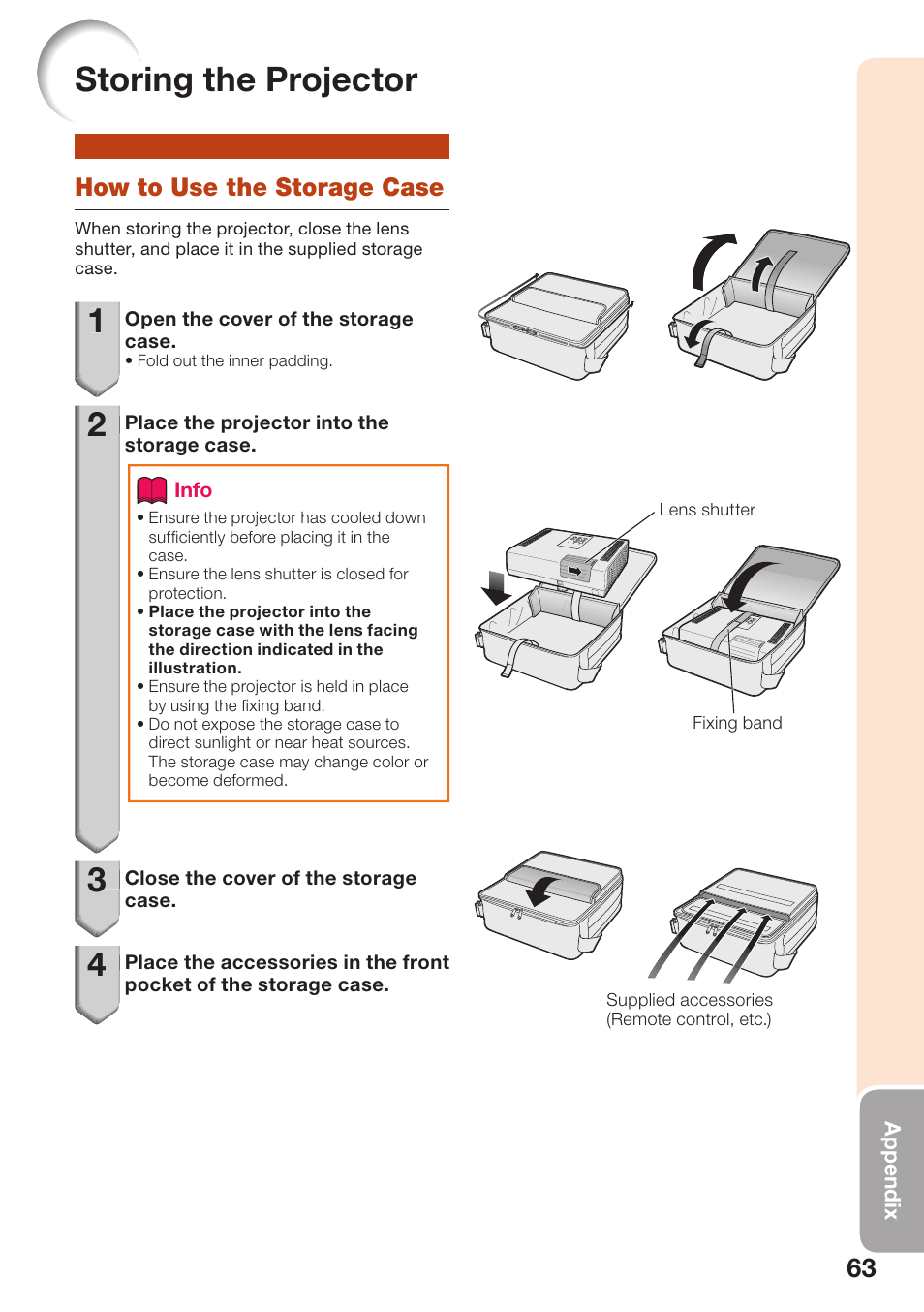 Storing the projector, How to use the storage case | Sharp PG-D2870W User Manual | Page 67 / 75
