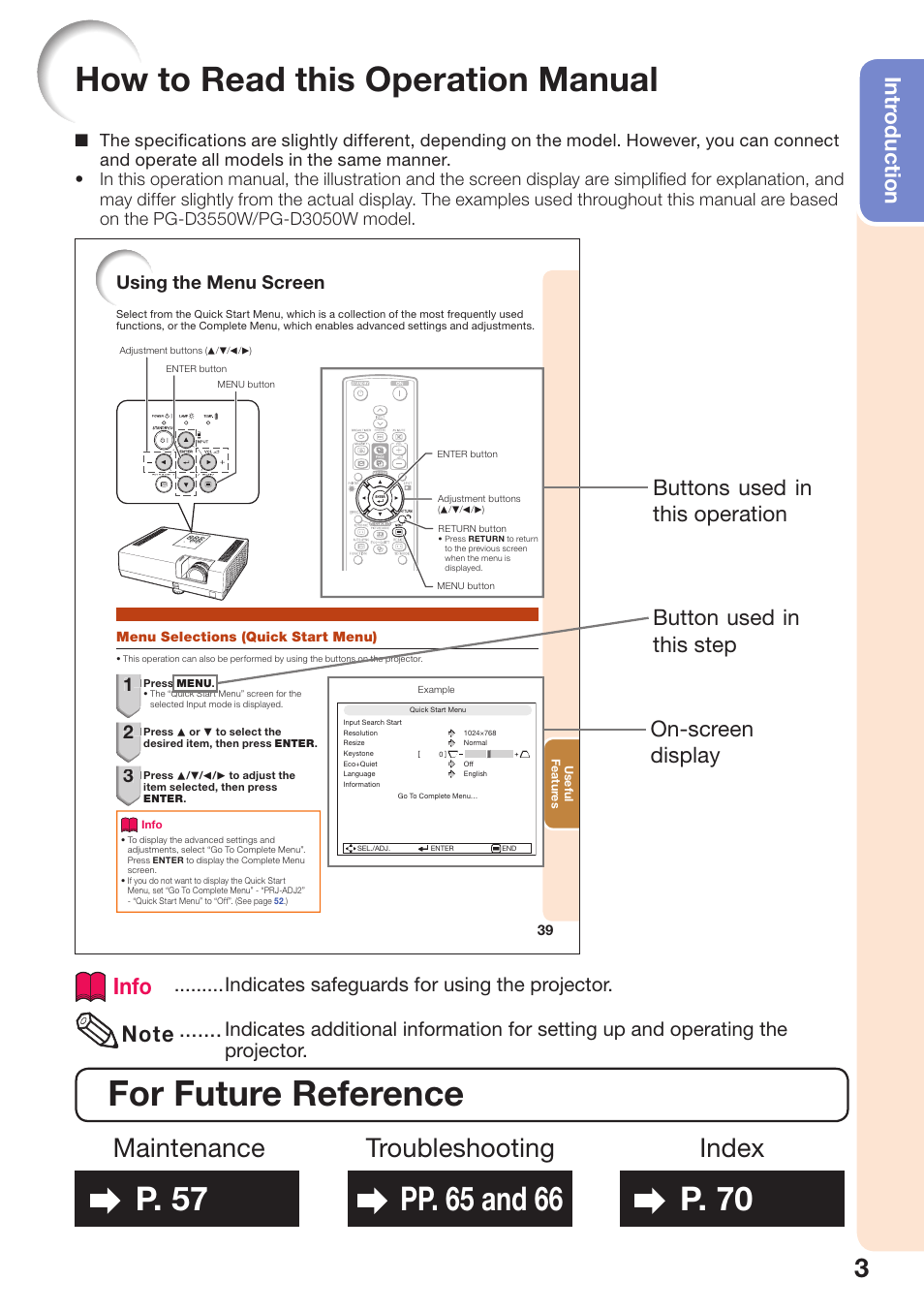 How to read this operation manual, For future reference, P. 57 | Pp . 65 and 66, P. 70, Maintenance, Troubleshooting, Index, Info, Intr oduction | Sharp PG-D2870W User Manual | Page 7 / 75