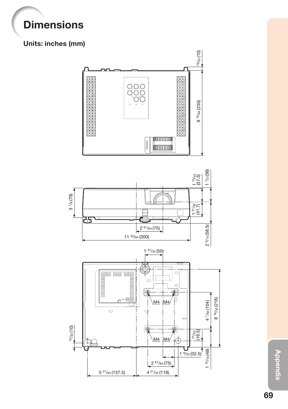 Dimensions, Appendix, Units: inches (mm) | Sharp PG-D2870W User Manual | Page 73 / 75