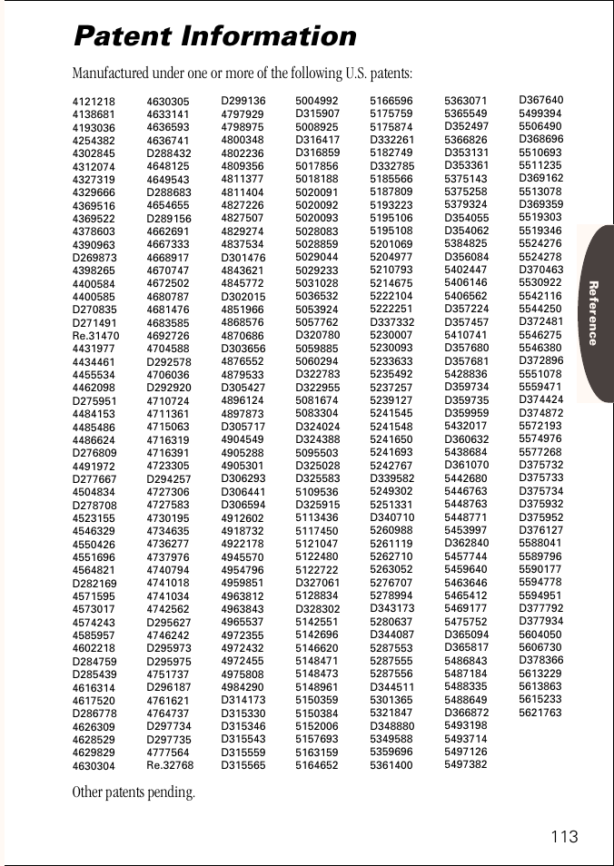 Patent information, Other patents pending | Motorola ST 7760 User Manual | Page 113 / 117