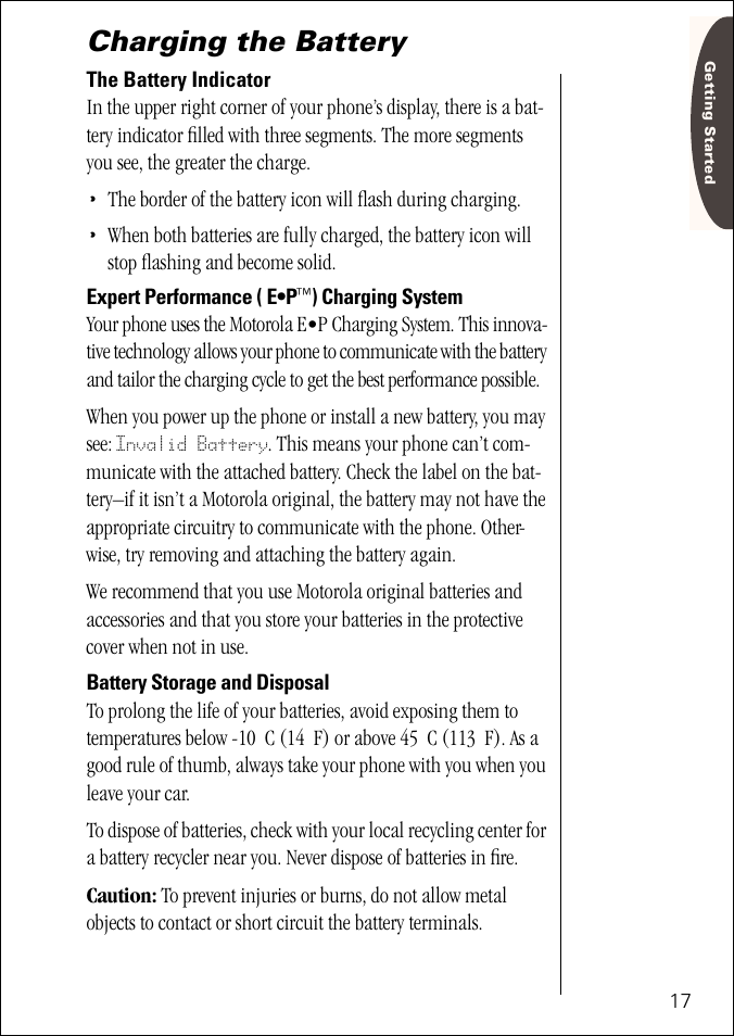 Charging the battery | Motorola ST 7760 User Manual | Page 17 / 117