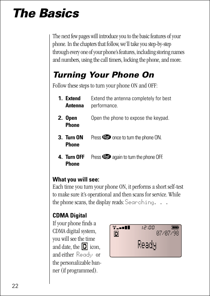 The basics, Turning your phone on | Motorola ST 7760 User Manual | Page 22 / 117