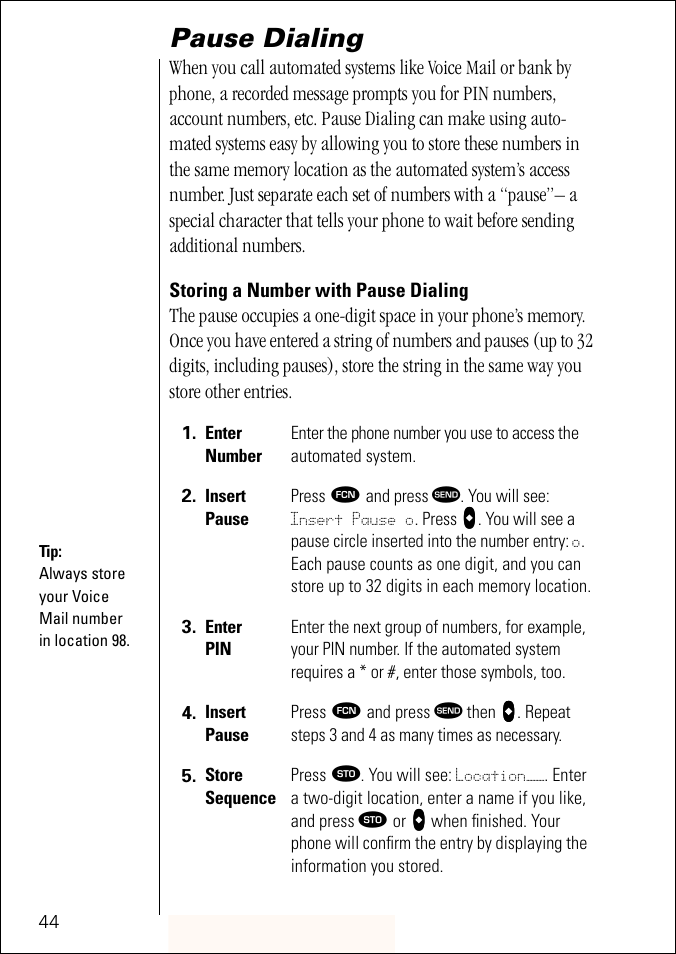 Pause dialing | Motorola ST 7760 User Manual | Page 44 / 117