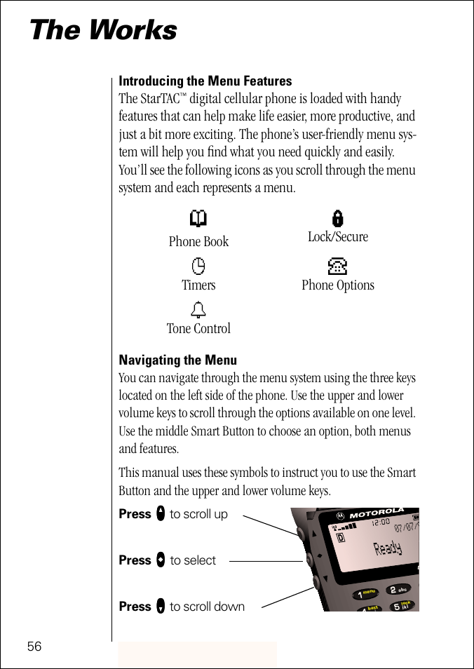 The works, The startac, Phone book | Lock/secure, Timers, Phone options, Tone control | Motorola ST 7760 User Manual | Page 56 / 117