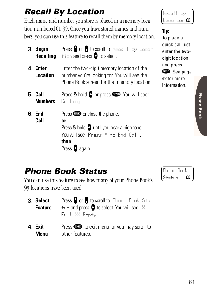 Recall by location, Phone book status, Pg. 61 | Motorola ST 7760 User Manual | Page 61 / 117