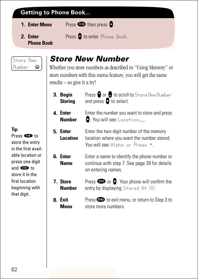 Store new number, Pg. 62 | Motorola ST 7760 User Manual | Page 62 / 117