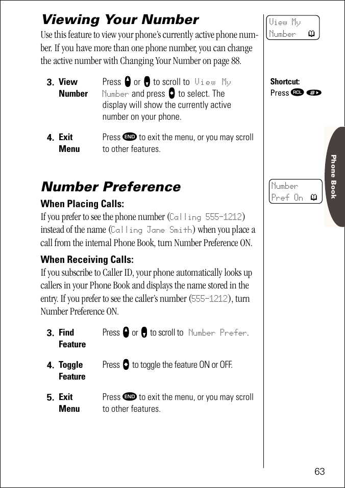 Viewing your number, Number preference, Pg. 63 | Motorola ST 7760 User Manual | Page 63 / 117