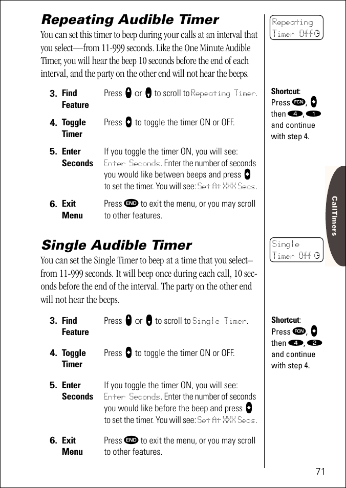 Repeating audible timer, Single audible timer, Pg. 71 | Motorola ST 7760 User Manual | Page 71 / 117