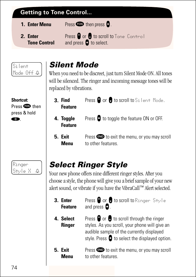 Silent mode, Select ringer style, Pg. 74 | Motorola ST 7760 User Manual | Page 74 / 117