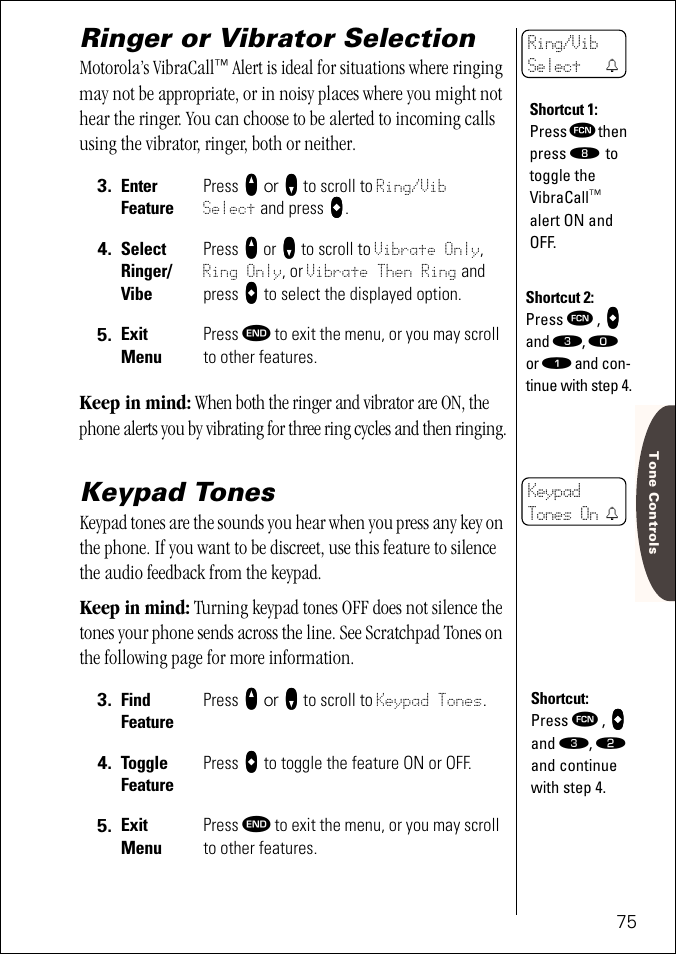 Ringer or vibrator selection, Keypad tones, Pg. 75 | Motorola ST 7760 User Manual | Page 75 / 117