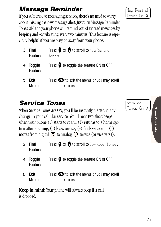 Message reminder, Service tones, Pg. 77 | Motorola ST 7760 User Manual | Page 77 / 117