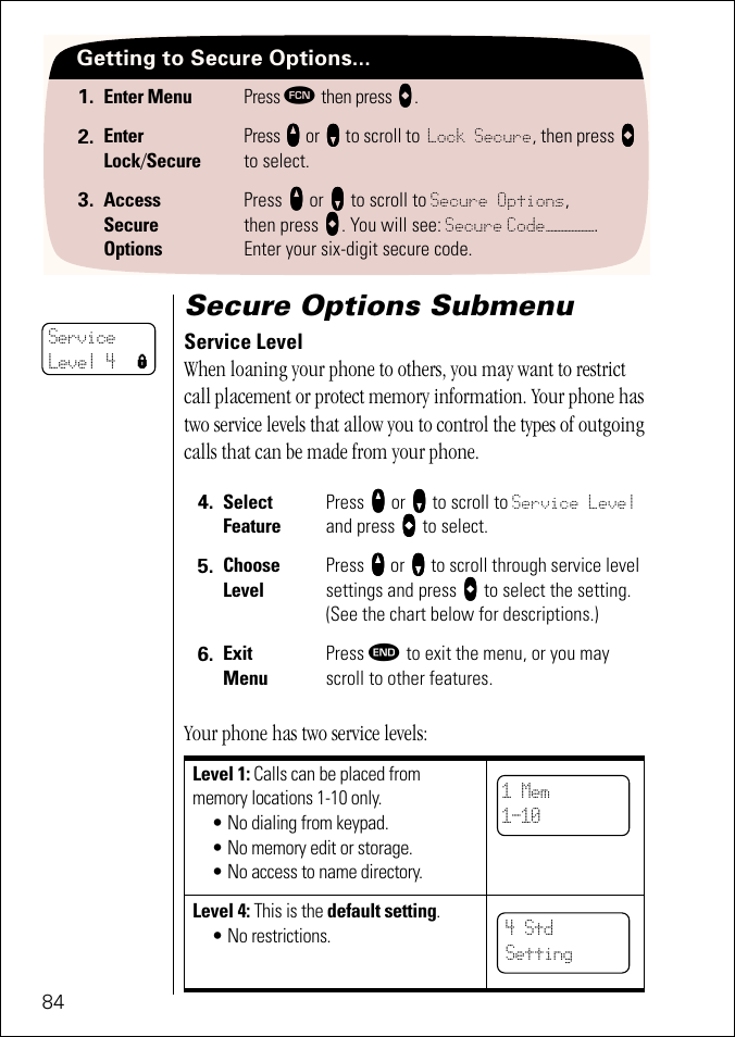 Secure options submenu, Pg. 84 | Motorola ST 7760 User Manual | Page 84 / 117
