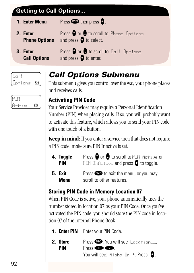 Call options submenu, Pg. 92 | Motorola ST 7760 User Manual | Page 92 / 117