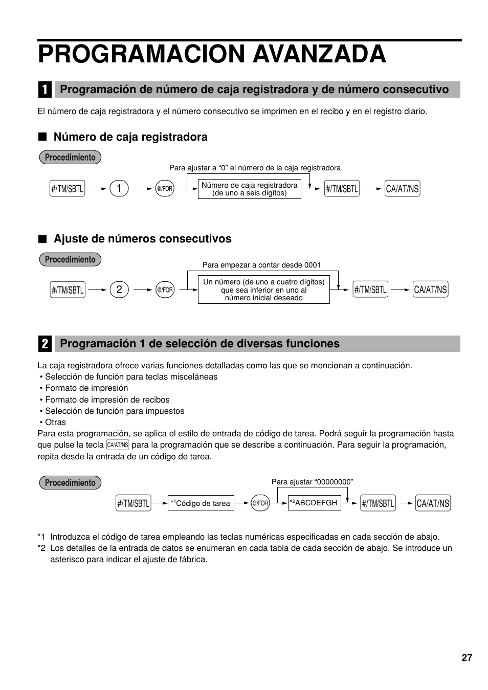 Programacion avanzada, Número de caja registradora, Ajuste de números consecutivos | 1s @ s a, 2s @ s a | Sharp Electronic Cash Register XE-A40S User Manual | Page 101 / 116