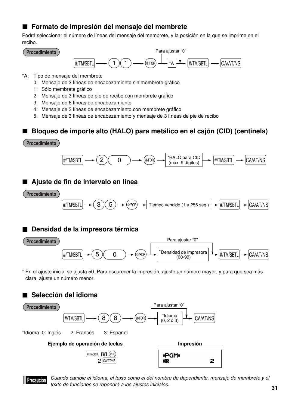 Formato de impresión del mensaje del membrete, Ajuste de fin de intervalo en línea, Densidad de la impresora térmica | Selección del idioma, S 50, S 35, As s 20, As s 11 | Sharp Electronic Cash Register XE-A40S User Manual | Page 105 / 116