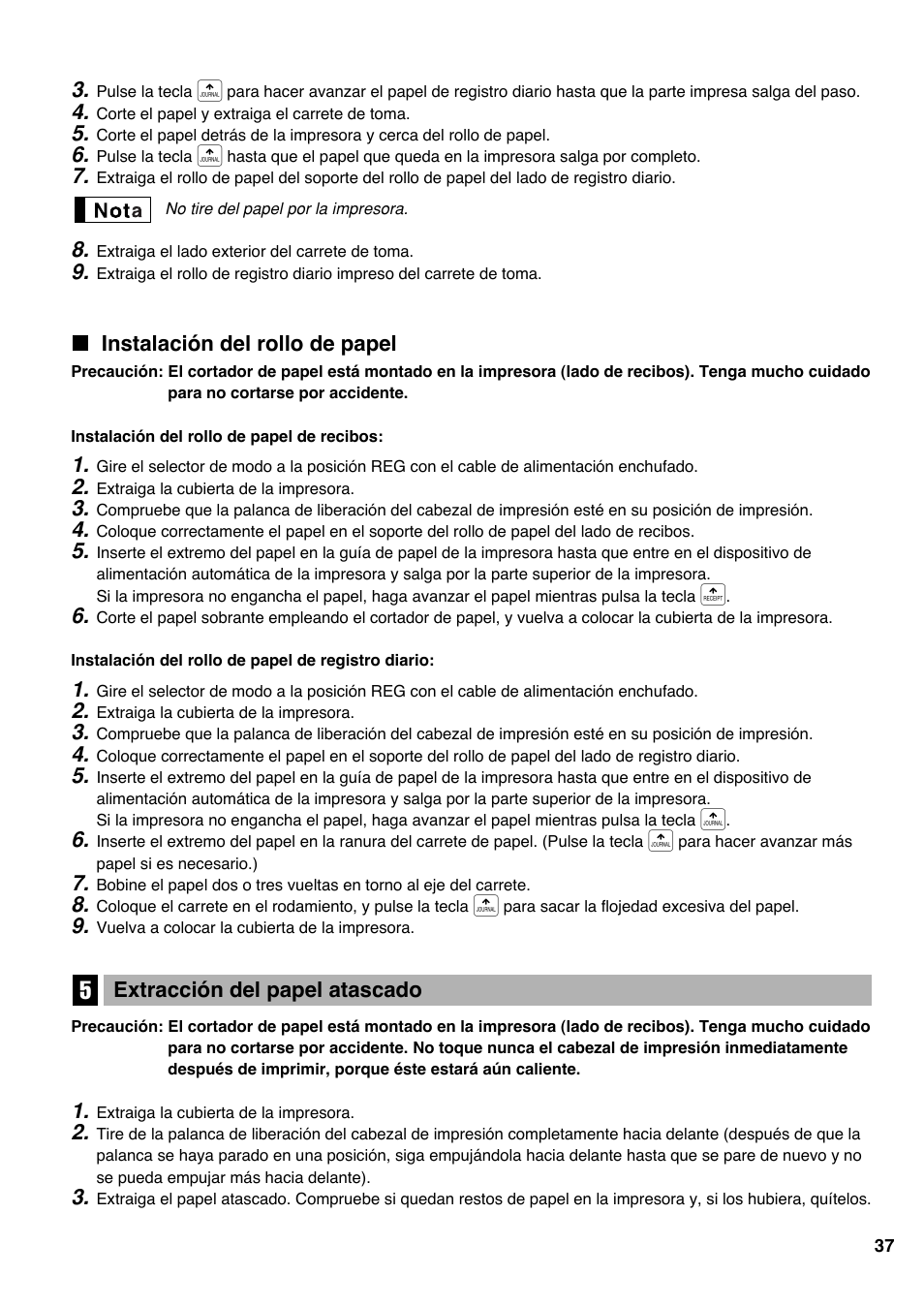 Instalación del rollo de papel, 5 extracción del papel atascado | Sharp Electronic Cash Register XE-A40S User Manual | Page 111 / 116