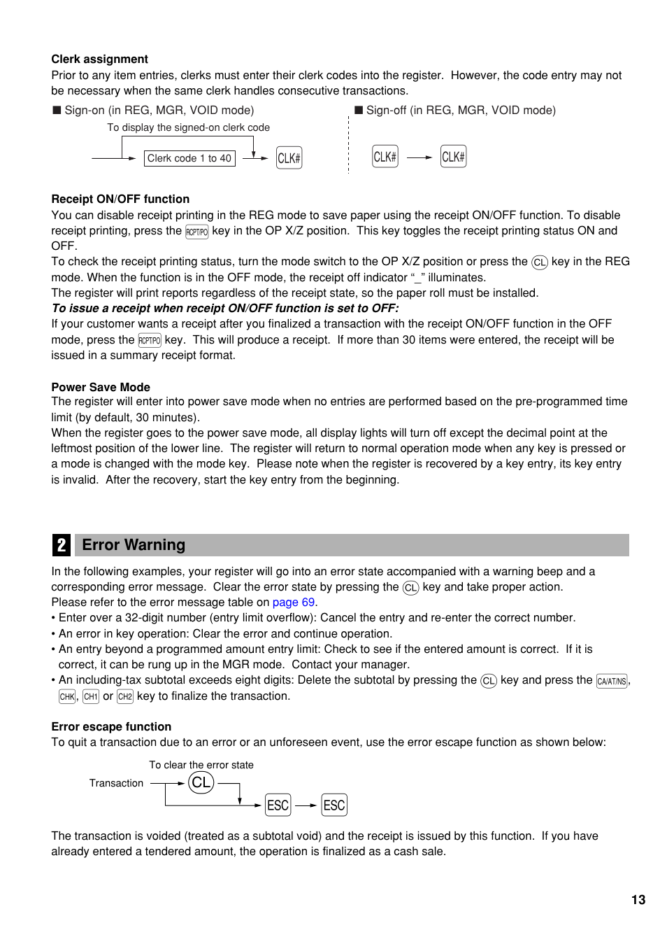 2 error warning | Sharp Electronic Cash Register XE-A40S User Manual | Page 15 / 116