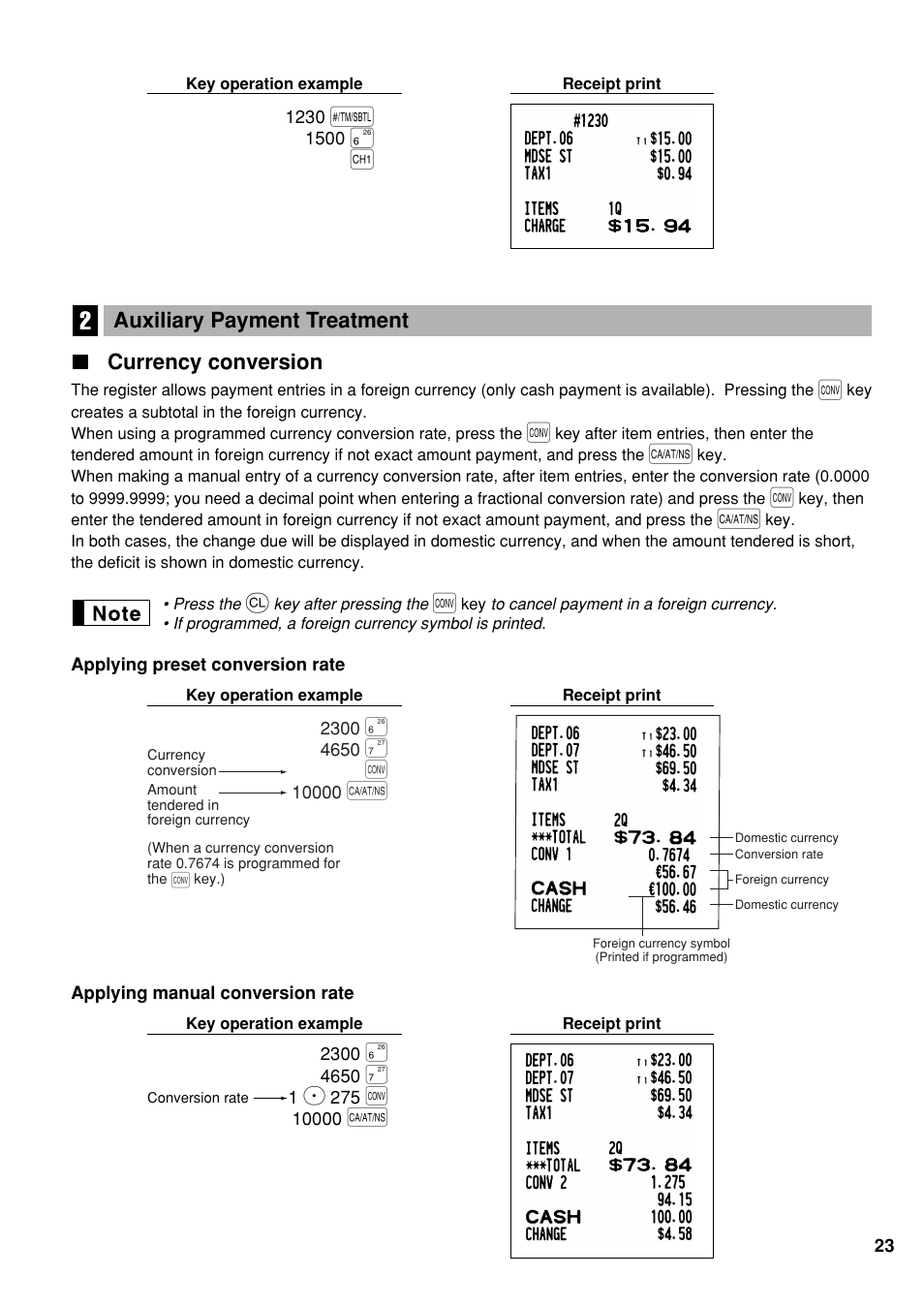 2 auxiliary payment treatment, Currency conversion | Sharp Electronic Cash Register XE-A40S User Manual | Page 25 / 116