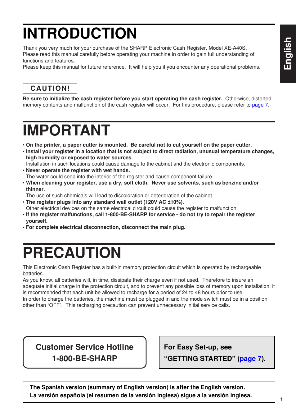 English version, Introduction, Important | Precaution, English | Sharp Electronic Cash Register XE-A40S User Manual | Page 3 / 116