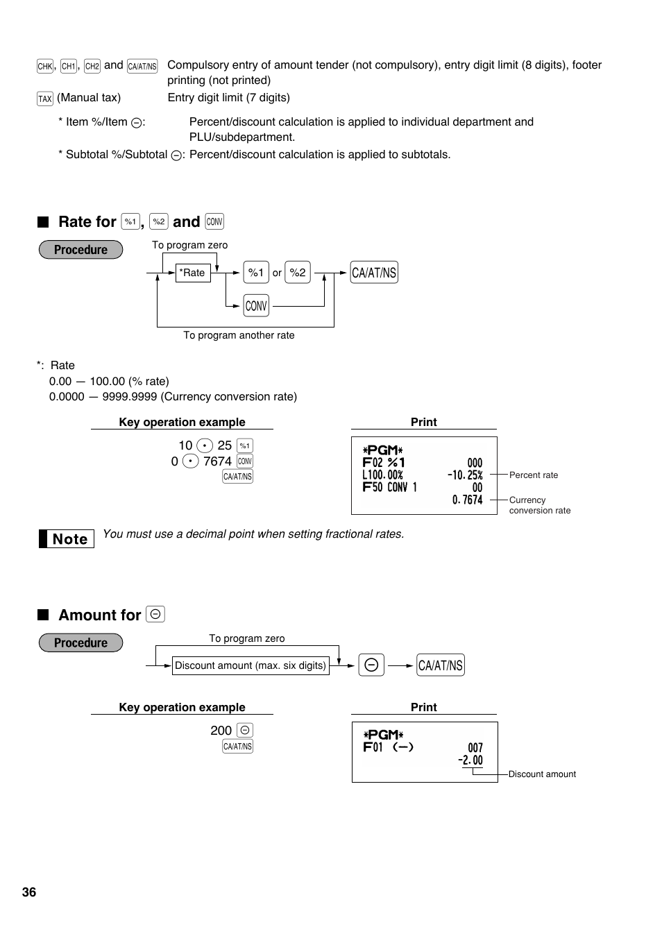 Rate for [%1], [%2] and [conv, Amount for [(-), Rate for | Amount for | Sharp Electronic Cash Register XE-A40S User Manual | Page 38 / 116