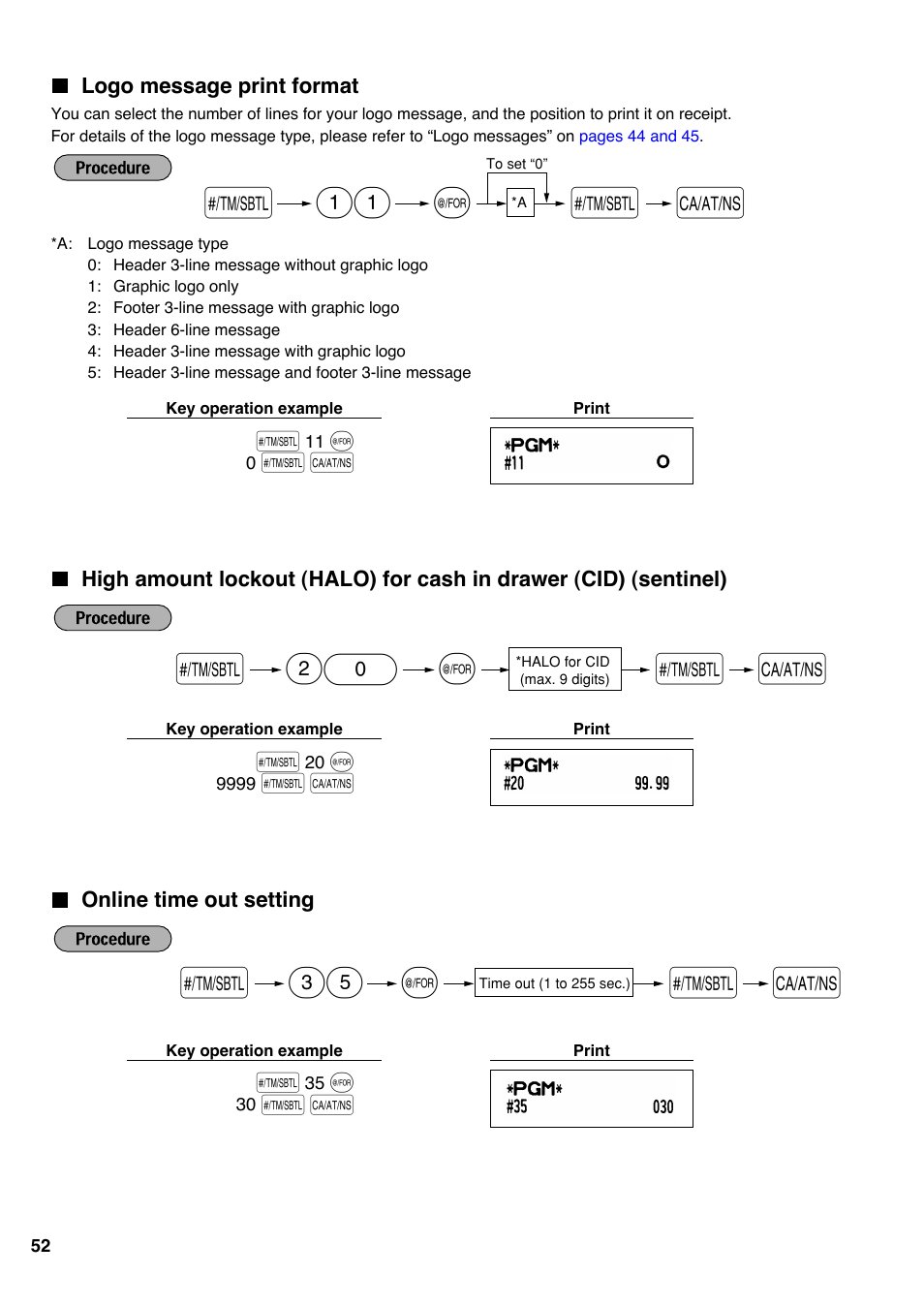 Logo message print format, Online time out setting | Sharp Electronic Cash Register XE-A40S User Manual | Page 54 / 116