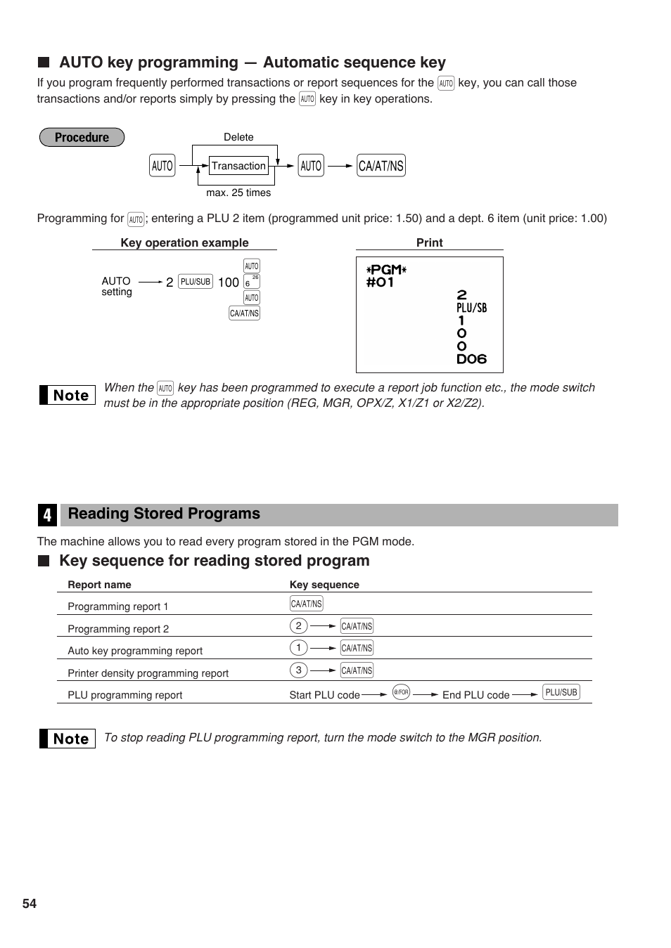 Auto key programming — automatic sequencing key, 4 reading stored programs, Key sequence for reading stored program | Auto key programming | Sharp Electronic Cash Register XE-A40S User Manual | Page 56 / 116